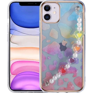 Case 4U Apple iPhone 12 Kılıf Renkli Arka Yüzey Boncuk ve Kalpli Tasarım Pilla Kapak Renkli