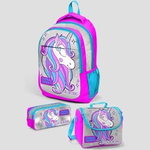 Coral High Kids Pembe Gümüş Simli Unicorn Desenli Üç Bölmeli Okul Sırt Çantası 3'lü Set
