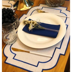 Lilies Atelier Rüya Lacivert Nakışlı Keten 6 Adet Amerikan Servis-Supla-Tabak Altlığı-Sofra Örtüsü