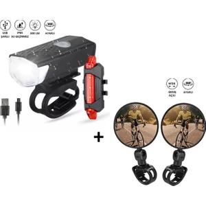 Sarjlı Bisiklet Işığı Ön + Arka Ikaz Far Lambası - 2 Adet Geniş Açılı Bisiklet Scooter Dikiz Aynası 360° Seti