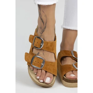 Selina Kadın Deri Çift Tokalı Taba -Gümüş Terlik