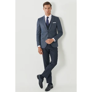 ALTINYILDIZ CLASSICS Erkek Lacivert Slim Fit Dar Kesim Mono Yaka Armürlü Yelekli Klasik Takım Elbise
