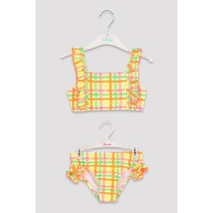 Neon Renkli Kız Çocuk Gingham Kare Desenli Bikini Takımı
