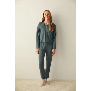 Dark Grey Waffle Pantolon Pijama Seti