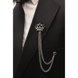 Kral Taçlı Gümüş Renk Taşlı Zincirli Yaka Iğnesi