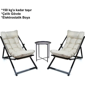 Minderli - Cora Şezlong Seti Bahçe&balkon&teras&plaj Katlanır Ikili Set - 2 Şezlong 1 Sehpa