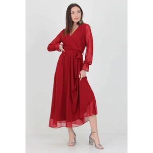 Neşeli Butik Kadın Bordo Yeni Sezon Astarlı Kruvaze Yaka Uzun Şifon Elbise NB003