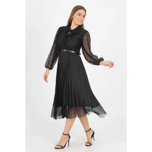 Neşeli Butik Kadın Yeni Sezon Yakası Bağlama Detaylı Kemerli Dantel Elbise APCX41