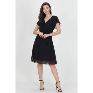 Neşeli Butik Kadın Midi Boy Yeni Sezon Kruvaze Yaka Melek Kol Şifon Elbise RY8081