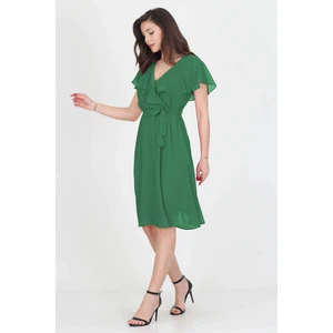 Neşeli Butik Kadın Melek Kol Kruvaze Yaka Zümrüt Yeşil Şifon Elbise NB8081