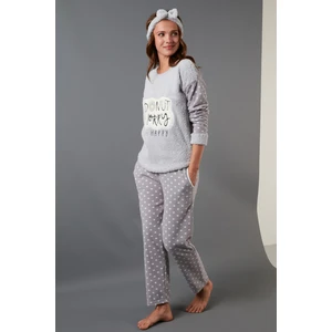 Baskılı Puantiyeli Saç Bantlı Peluş Pijama Takımı Bayan Pijama Takımı 6094120