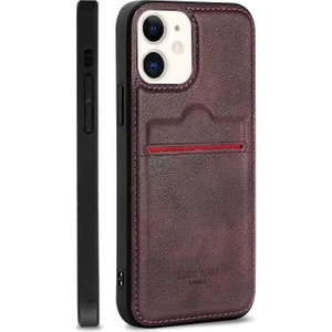 Apple iPhone 12 Kartlıklı Rich Boss Lüx Deri Kılıf Koyu Kırmızı