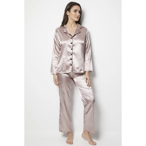 Miorre Kadın Uzun Kollu Önden Düğmeli Saten Pijama Takımı