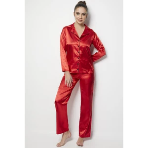 Miorre Kadın Uzun Kollu Önden Düğmeli Saten Pijama Takımı