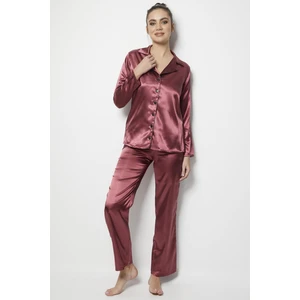 Miorre Kadın Uzun Kollu Önden Düğmeli Saten Pijama Takımı