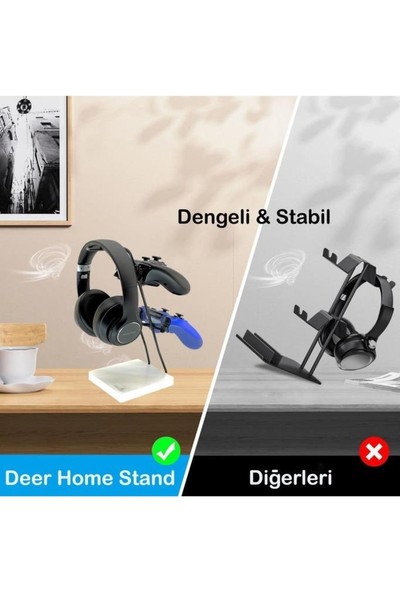 Deer Home Siyah Ahşap ve Siyah Metal Gaming Ps4 Ps5 Xbox Joystick Kontroller Tutucu ve Kulaklık Dikey Standı