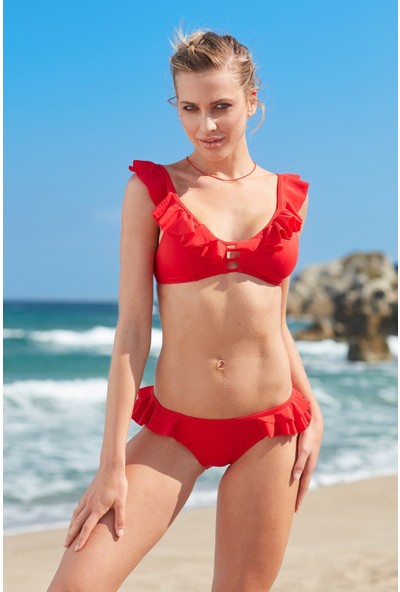 No Gossip Kadın Fırfır Detaylı Bikini Alt 209202 Kırmızı