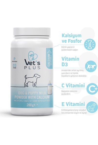 Vet's Plus Kalsiyumlu Köpek Süt Tozu 200gr (Yavru ve Hamile Köpekler için)