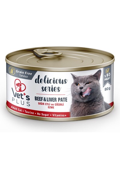 Vet's Plus Tahılsız Ezme Sığır Etli Ciğerli Kedi Konservesi 80gr – 12 Adet (Seçici Kediler için Taurin Destekli)