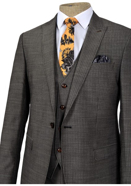 Çizgili Kare Desen Tek Düğme 6 Drop Yelekli Slim Fit Erkek Takım Elbise