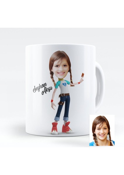 Kişiye Özel Bayan Öğrenci 3D Animasyon Karikatür Beyaz Kupa Bardak - 1