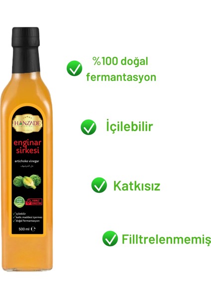 Hanzade Bitkisel Enginar Sirkesi 500 ml x 3 Adet Doğal Fermantasyon Içilebilir Katkısız Cam Şişe