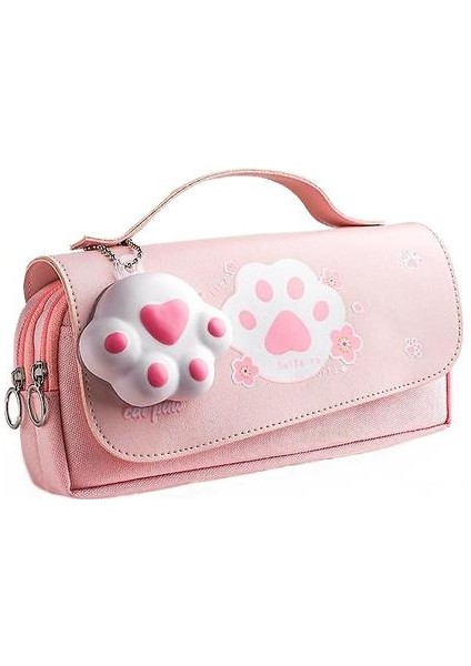 (Pembe Kedi Pençe) Kalem Kılıfı Pu Deri Kalem Kılıf Cetvel Çanta Okul Kız Tatlı Silgi Tutucu