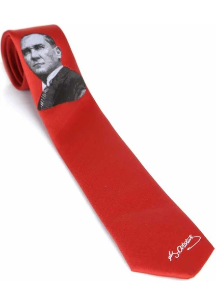 Atatürk ve Imza Desenli Dokuma Kırmızı Kravat - Ak-04