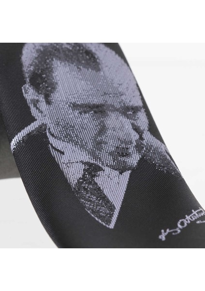 Atatürk ve Imza Desenli Dokuma Siyah Kravat - Ak-24
