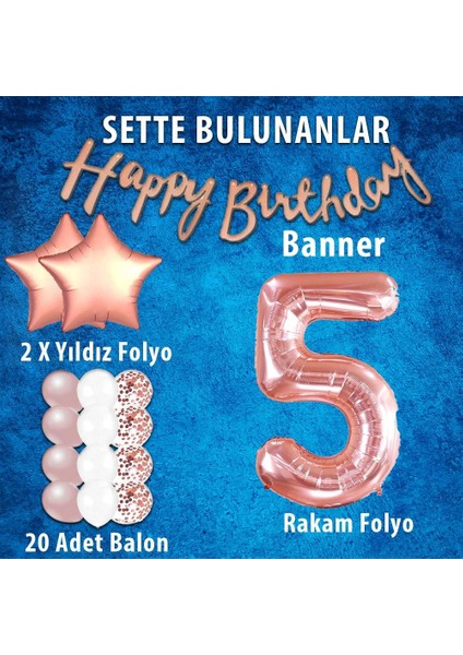 Rose Gold Konsept 5 Yaş Doğum Günü Kutlama Seti; Beyaz Gold Konfetili Balon, Rakam Yıldız Folyo ve Banner fiyatları