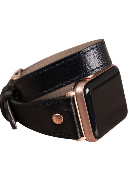 Apple Watch Uyumlu Deri Kordon 42-44-45MM Slim Double Tour Rg Rst1 Siyah