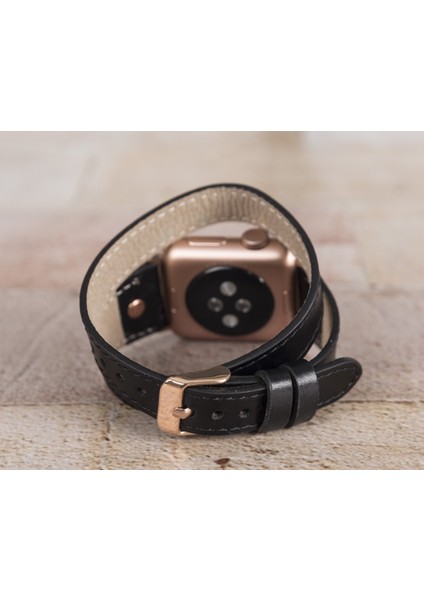 Apple Watch Uyumlu Deri Kordon 42-44-45MM Slim Double Tour Rg Rst1 Siyah modelleri