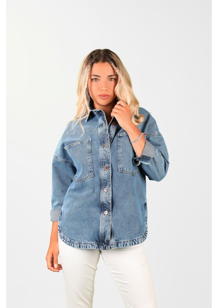 Oversize Kadın Jean Ceket Mavi