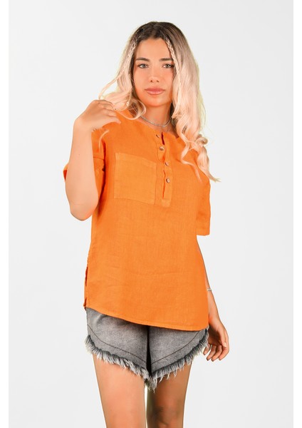 Kadın Dökümlü Keten Gömlek Turuncu