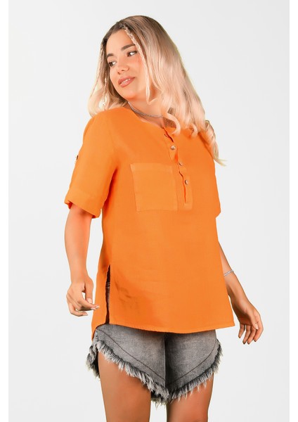 Kadın Dökümlü Keten Gömlek Turuncu fiyatları