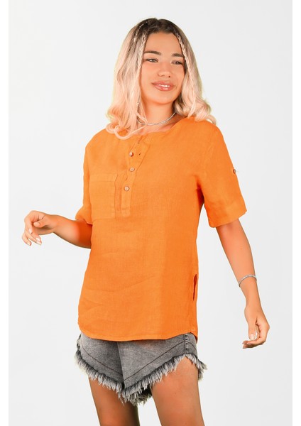 Kadın Dökümlü Keten Gömlek Turuncu modelleri