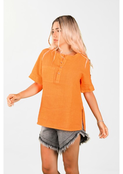 Kadın Dökümlü Keten Gömlek Turuncu fırsatları