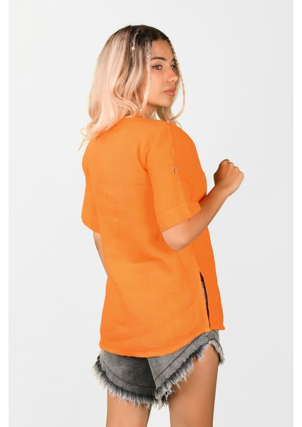 Kadın Dökümlü Keten Gömlek Turuncu indirimleri