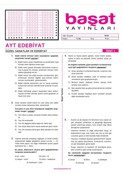 Başat Yayınları Ayt Türk Dili ve Edebiyat Çek Kopar Test