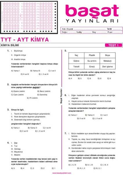 Başat Yayınları Tyt-Ayt Kimya Çek Kopar Test