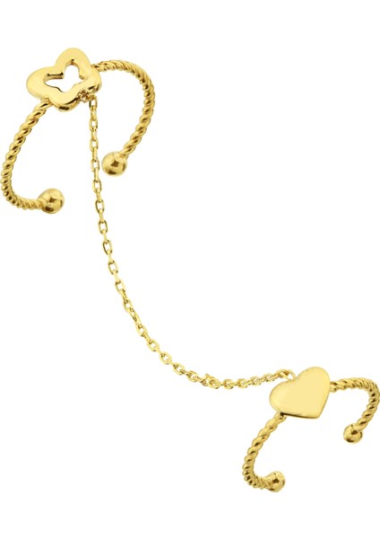 Altın Kaplamalı 925 Ayar Gümüş Kalp ve Kelebek Figürlü Zincirli Çift Yüzük - Y019601