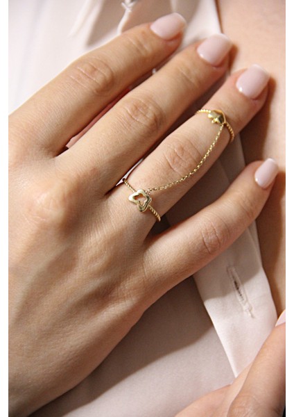 Altın Kaplamalı 925 Ayar Gümüş Kalp ve Kelebek Figürlü Zincirli Çift Yüzük - Y019601 fiyatları