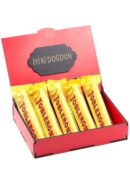 İyi Ki Doğdun Yazılı Kırmızı Ahşap Hediye Kutusunda Toblerone 5'li