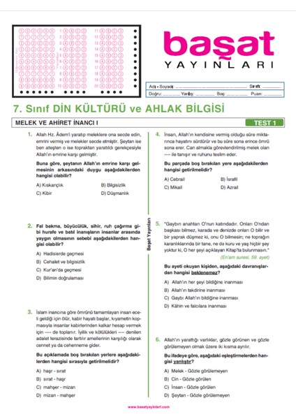 Başat Yayınları 7. Sınıf Din Kültürü ve Ahlak Bilgisi Çek Kopar Test