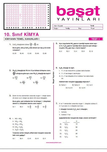 Başat Yayınları 10. Sınıf Kimya Çek Kopar Test