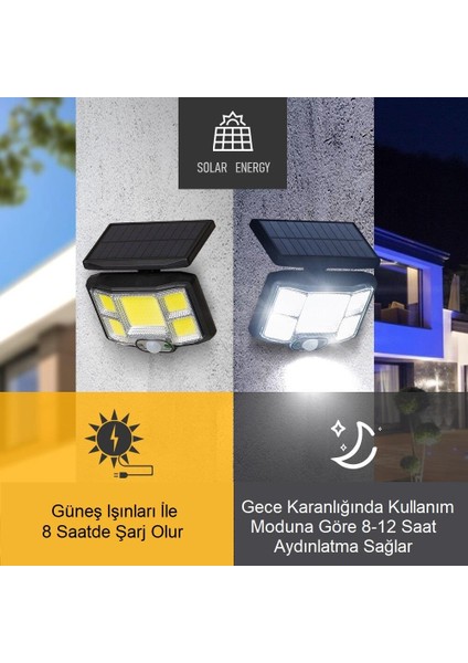 Solar 168 LED Güneş Enerjili Kumandalı Kablolu 3 Modlu Duvar Lambası