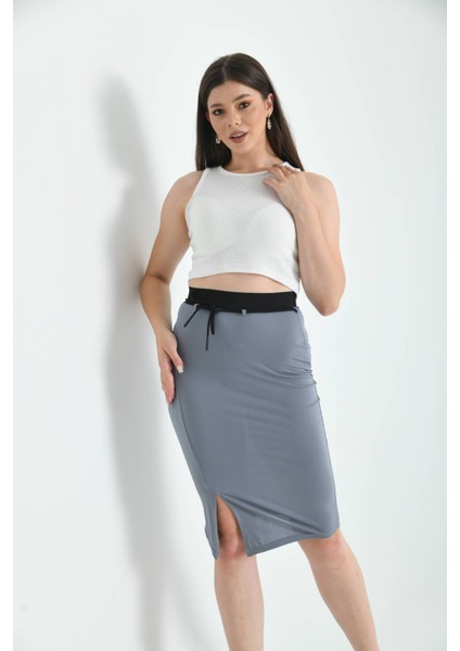 Gri Lastik ve Bağlama Detaylı Midi Bodycon Örme Etek modelleri