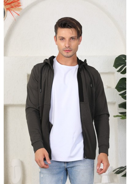 Erkek Siyah Fermuarlı Kapüşonlu Sweatshirt