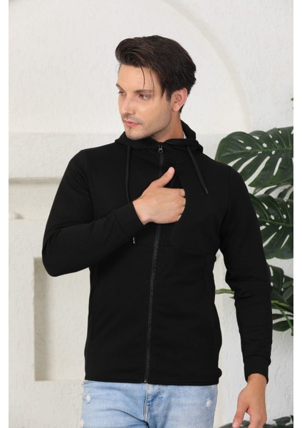 Erkek Siyah Fermuarlı Kapüşonlu Sweatshirt