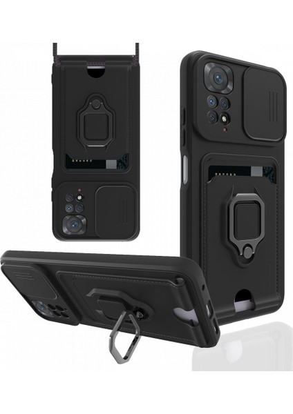 Xiaomi Redmi Note 11S Kılıf Kamera Lens Sürgülü Askılı Kartvizitli Silikon Zırh Tank